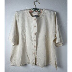 Manta Top Womens Large Ivory Preshrunk Cotton Short Sleeve Button Front Blouse